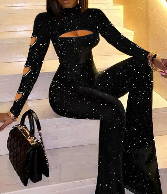Women's Sexy and Elegant Jumpsuit Autumn and Winter Love Hollow Out Printed Sequin High Waisted Flared Pants Jumpsuit