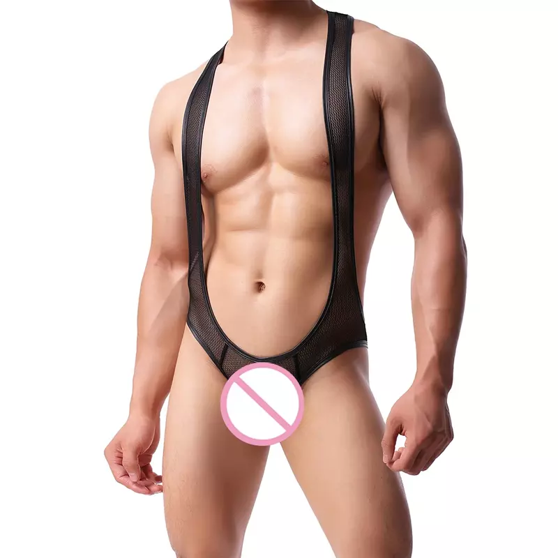 Bodysuit Thong jala transparan pria jumpsuit singlet gulat Jockstrap pakaian dalam erotis tembus pandang pria Lingerie pakaian dalam