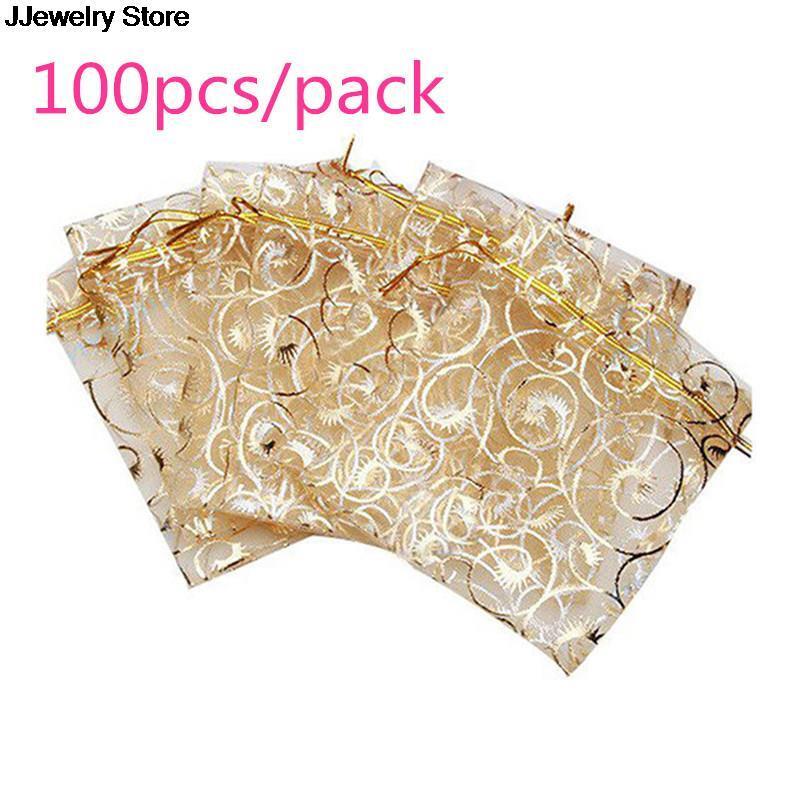 Bolsa de Organza dorada de 12x9cm, embalaje de joyería para regalo de boda y Navidad, 100 unids/lote por paquete