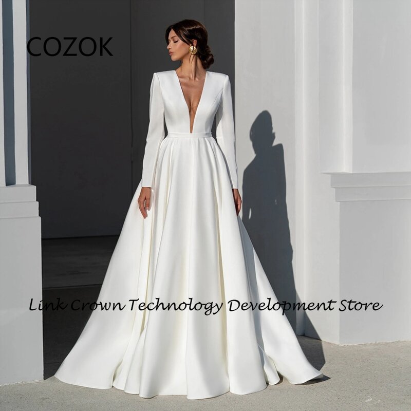COZOK V Neck Satin Wedding Dresses for Women 2024 Full Sleeve Bridal Gowns Summer Floor Length Button Back Vestido Novia New