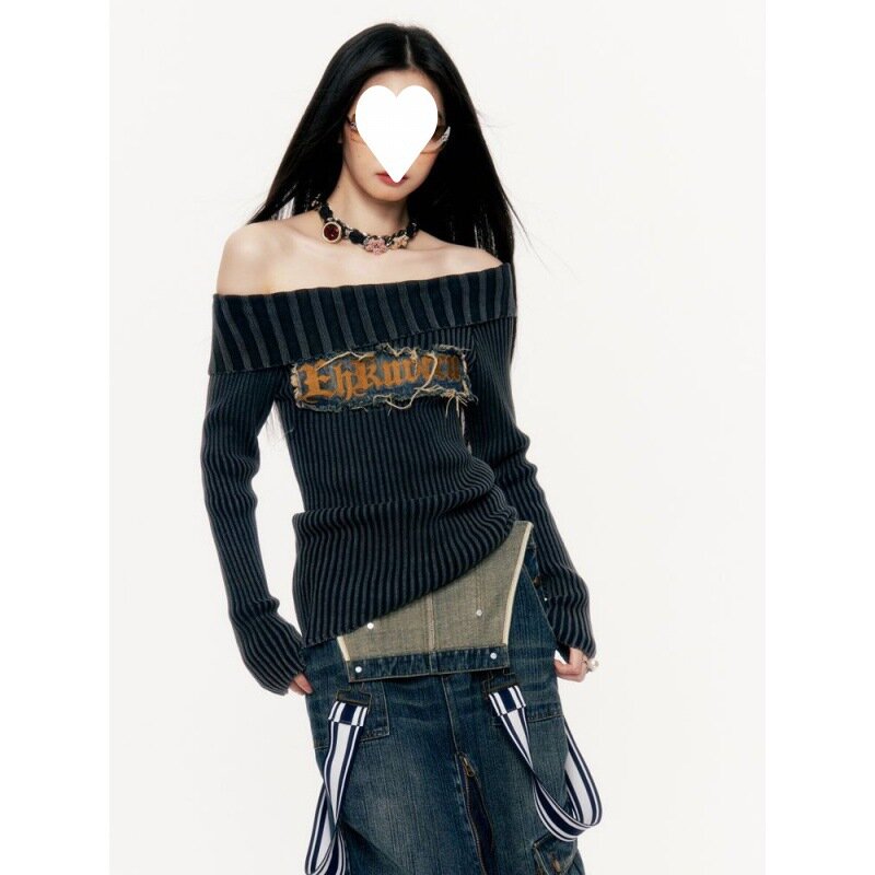 Sexy Slash Neck Vintage Letter Embroidery Gothic Sweater Fashion Slim Fit Jumpers Y2k Punk Top Harajuku Casual Grunge Clothes