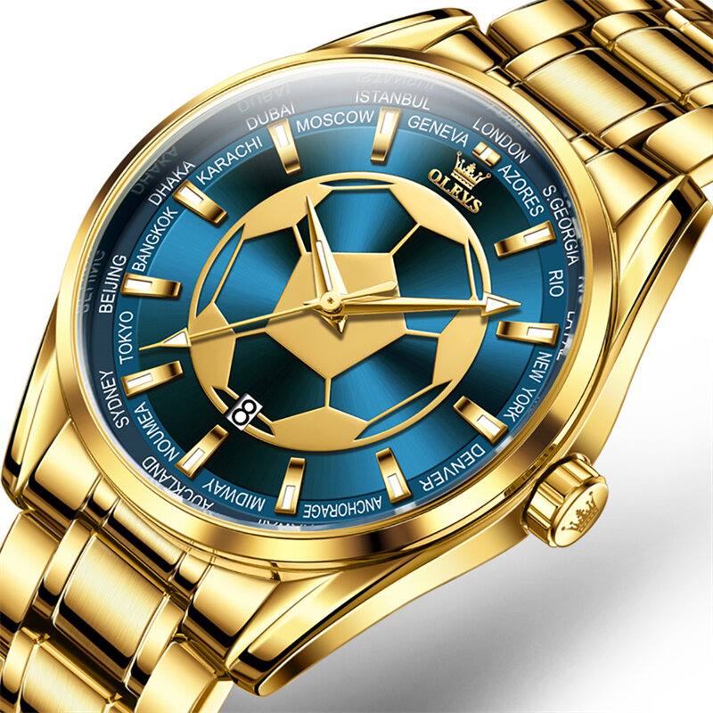 นาฬิกาข้อมือฟุตบอล OLEVS นาฬิกาควอตซ์สำหรับผู้ชายนาฬิกาที่มีชื่อเสียงหรูหรากันน้ำนาฬิกากีฬาตัวเรือนเหล็กสีทอง relogio masculino