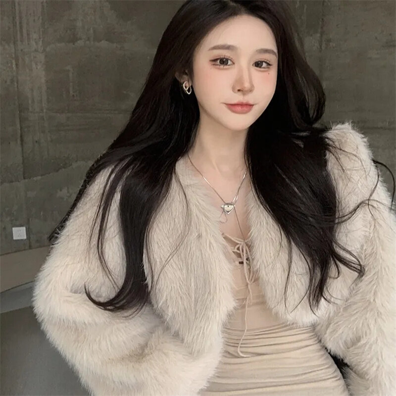 Новинка 2023, модное меховое пальто с круглым вырезом и длинным рукавом в Корейском стиле, женский свободный короткий кардиган высокого качества на осень и зиму, Топ