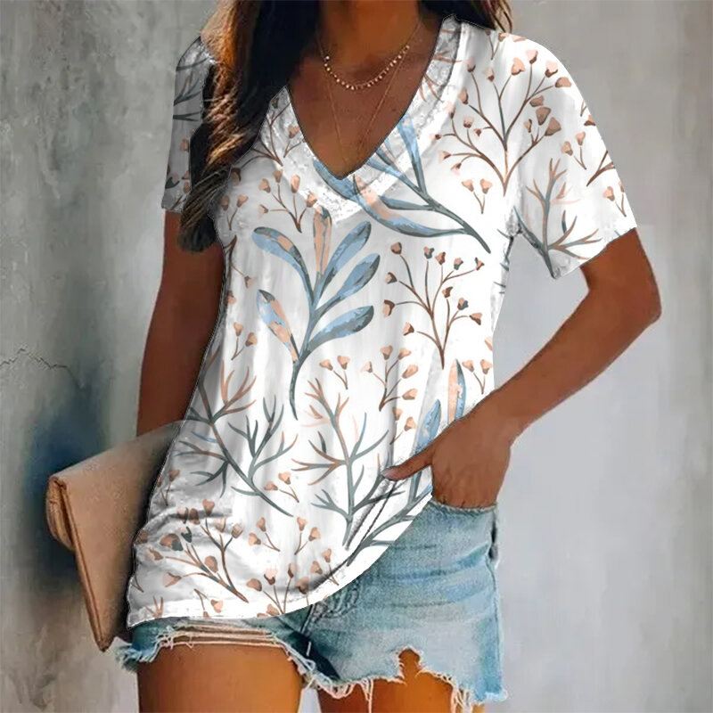 Top Women's Top Y2K Style V-Neck Printed Feather Pattern Short-Sleeved T-Shirt Summer Casual Breathable Refreshing T-Shirt