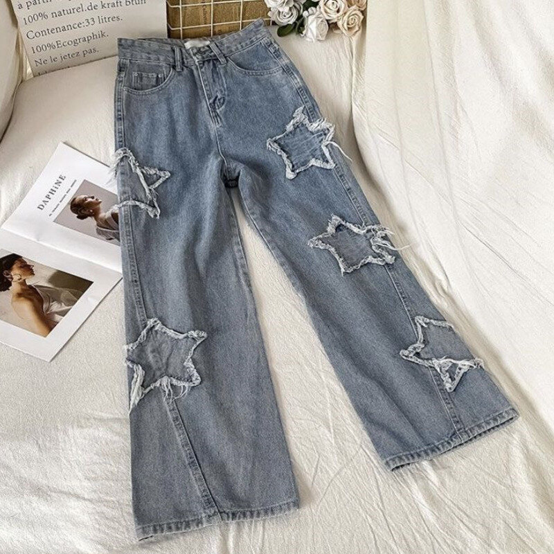Calça jeans azul de perna reta feminina, jeans vintage, moda streetwear, cintura alta, roupas da moda coreana, 2023