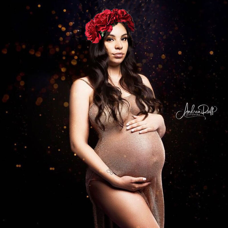 Vestido de maternidad de punto dorado para sesión de fotos, bata ahuecada transparente, accesorios de ropa de embarazo