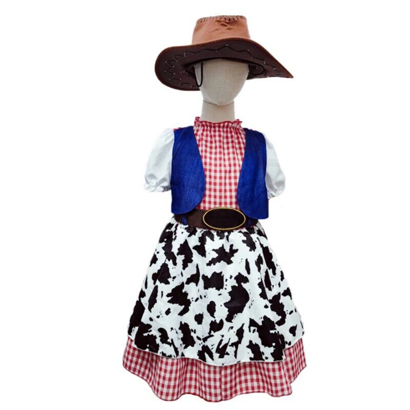 Disney Toy Story Kids Cosplay Dress Summer Puff Sleeve Clothing Set with Hat Girls Woody Halloween Dress up Costume per esibizione