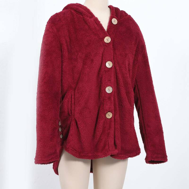 Manteau en peluche à capuche pour femme, cardigan tendance, veste d'hiver, bouton, taille surdimensionnée, vin rouge, média