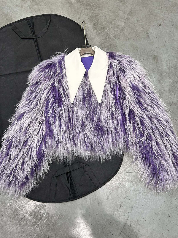 Fur coat lapel short loose version of the collision color one button design warm and comfortable 2023 winter new 1206