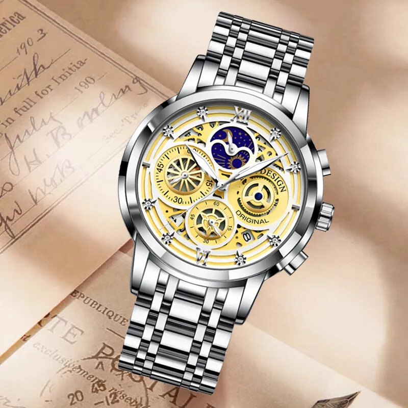 LIGE-Reloj de lujo para mujer, accesorio de pulsera resistente al agua con correa de acero dorado + caja