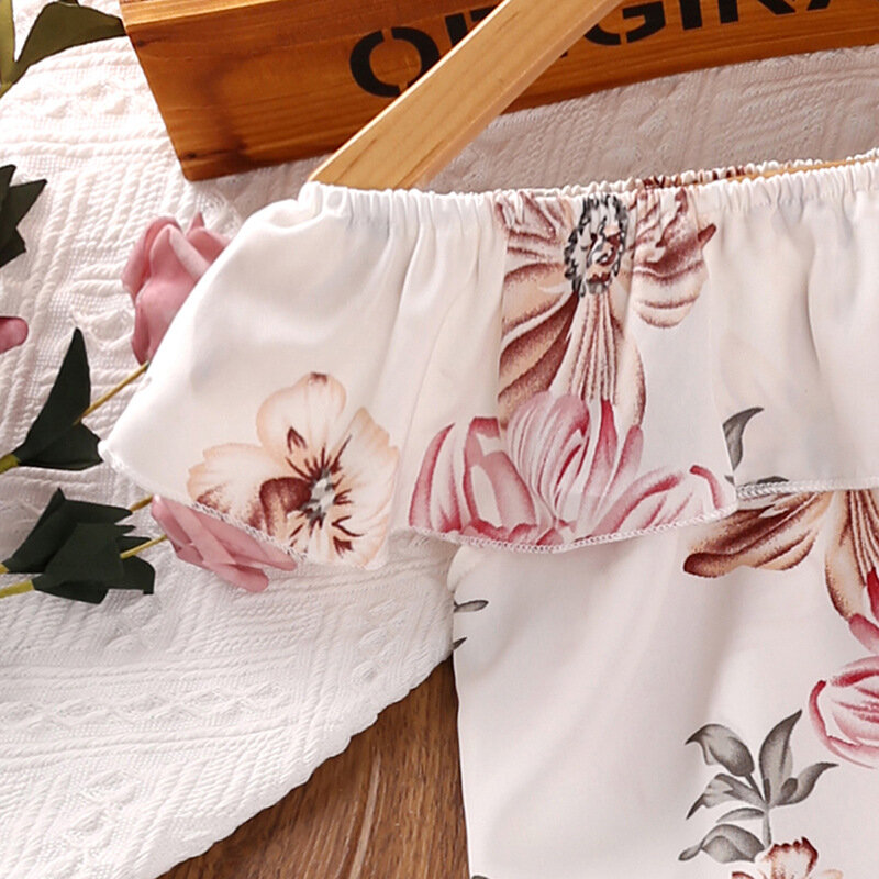 4-7T ragazze 2 pezzi abiti estivi con spalle scoperte stampa floreale top + pantaloni a gamba larga Set vestiti per bambini