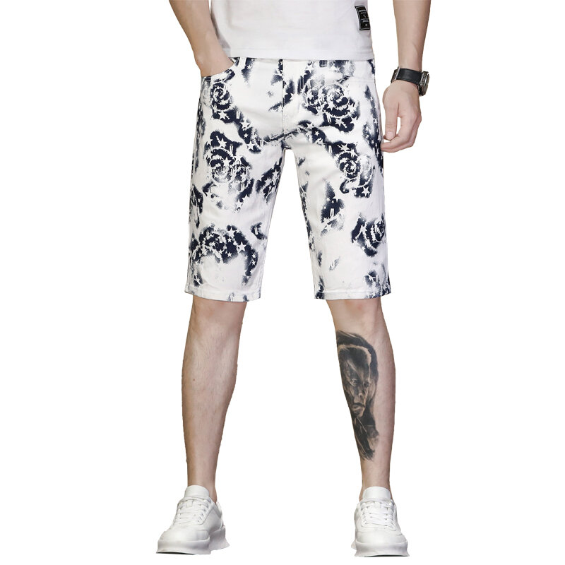 ชุดเดรสเข้ารูปพิมพ์ลายดิจิทัลสีขาวสำหรับผู้ชาย celana pendek DENIM บางฤดูร้อนคร็อปแพนท์พักผ่อนส่วนตัว