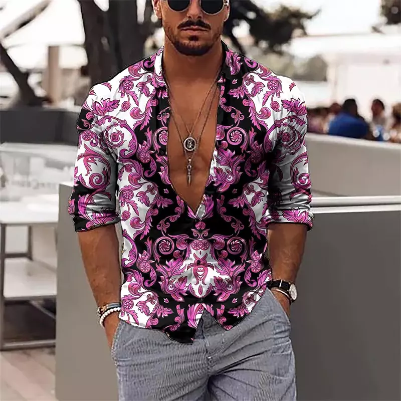 Camisa con estampado Floral para hombre, Camisa de algodón con cuello de manga larga, sin solapa de hierro, color negro, estilo Retro informal, a la moda