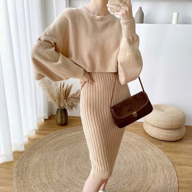 Gaun Sweter Musim Gugur Musim Dingin Dua Potong Mode Wanita Set Kantor Baru Sweter Pullover Rajutan + Gaun Rompi