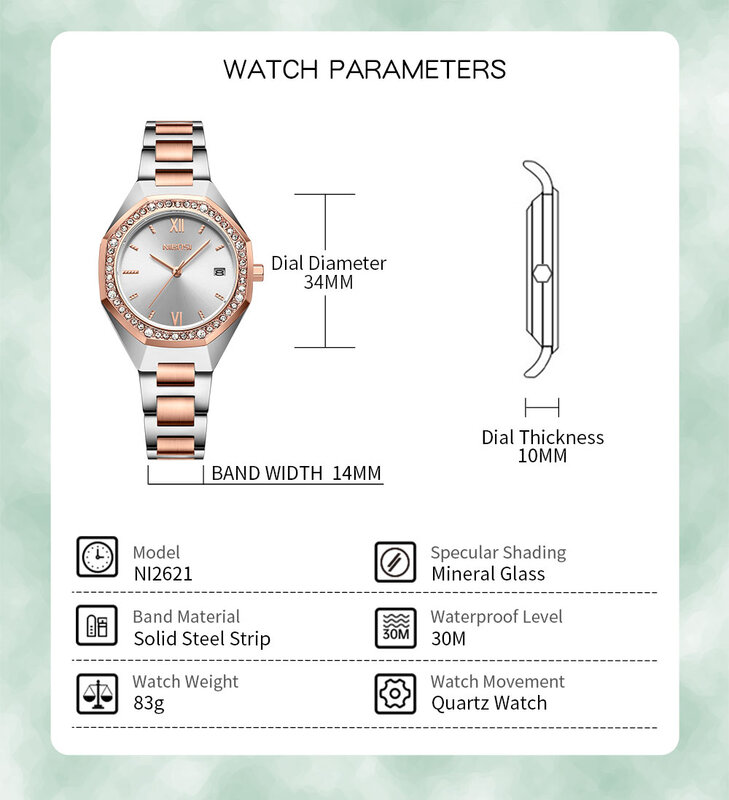 Роскошные женские наручные часы NIBOSI, светящиеся водонепроницаемые кварцевые часы из нержавеющей стали с датой