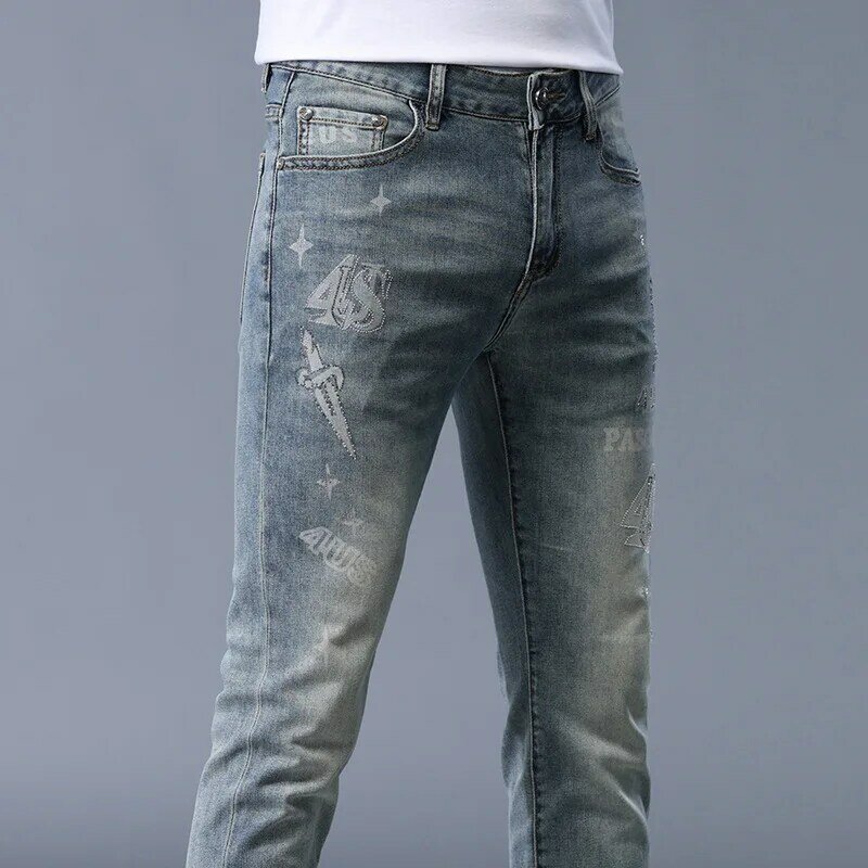 Fashion Rhinestone Printed Jeans Men 2024 New Summer Thin Elastic Light Luxury Versatile Casual Slim Fit Long Skinny Pants