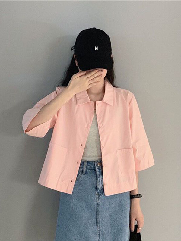 Zoki reine Baumwolle einfache Cargo-Shirts Frauen koreanische lose lässige Bluse Vintage adrette Stil feste Taschen alle passen Retro-Tops