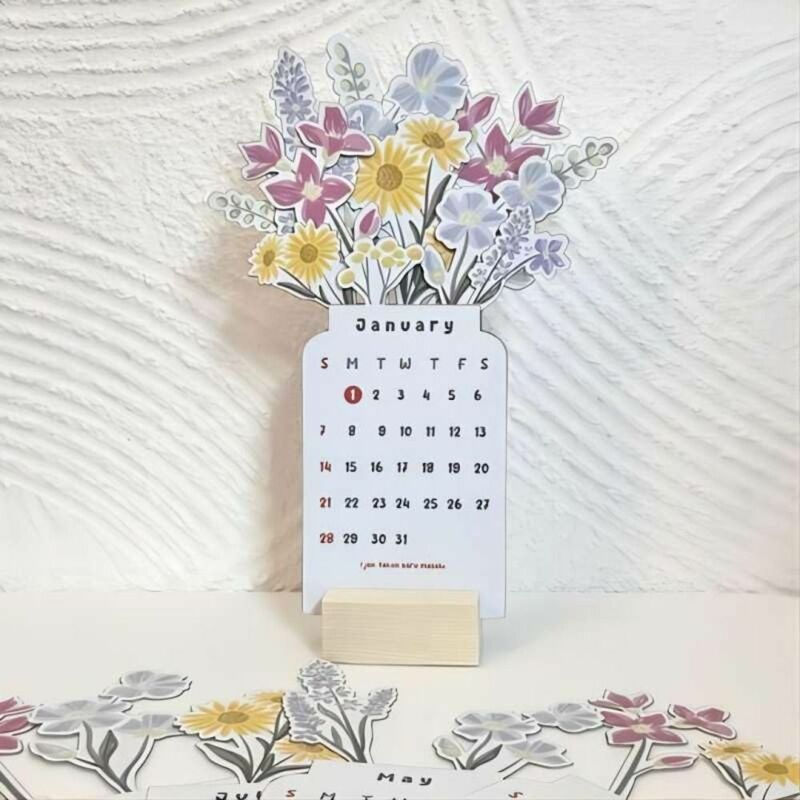 2024 Bloomy bunga kalender meja vas berbentuk Tahun Baru bulanan perencana kalender rumah meja kantor dekorasi