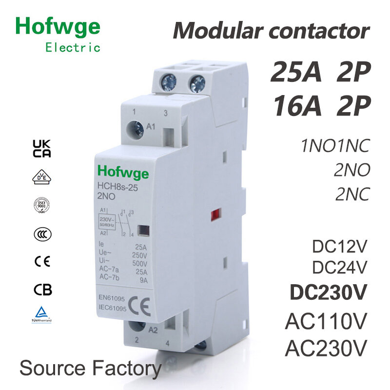 Contator automático do agregado familiar, tipo modular do trilho do ruído, 2P, 25A, C.A., C.C., 2NO, 2NC, 1NO1NC, 24V, 110V, 220V, HCH8s-25