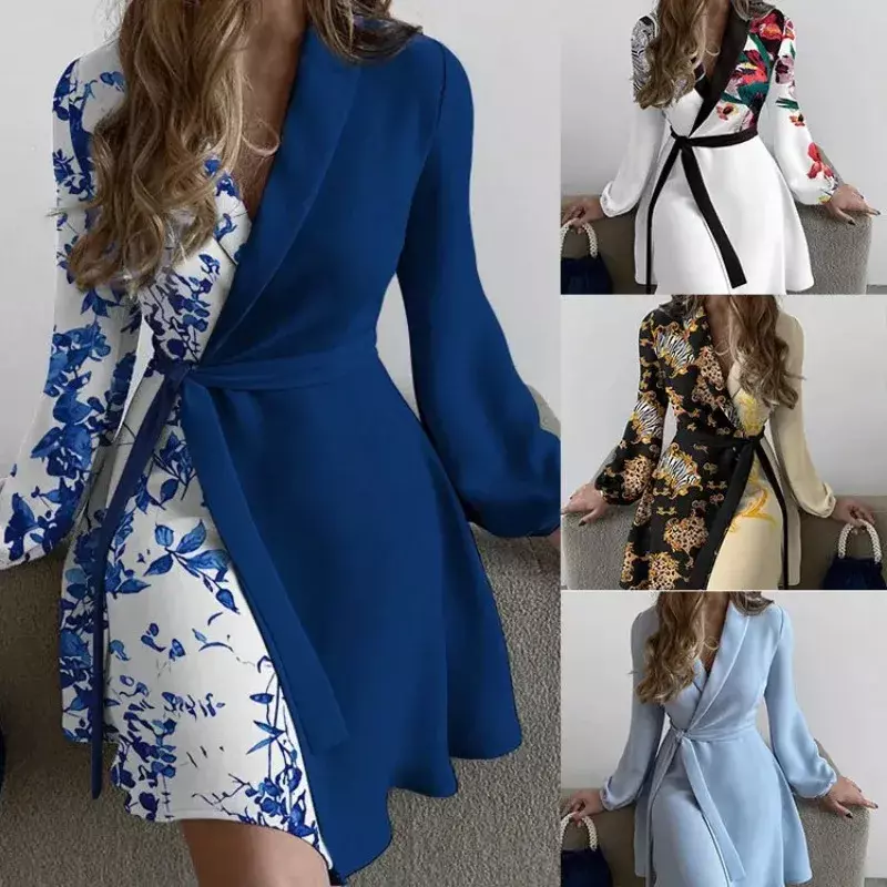 Fashion Floral Print Colorblock Tied Detail Work Dress for Women 2024 Autumn Long Sleeve V Neck Elegant Dresses Robe Femme HH05
