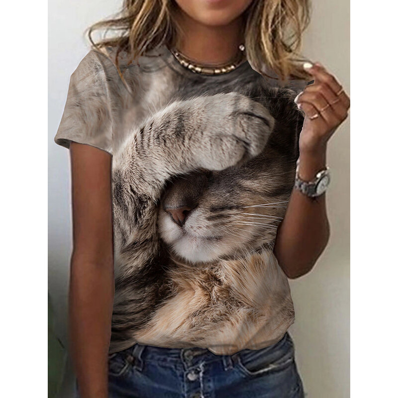 Женская футболка с 3d принтом собаки кошки, модные женские футболки, топы в стиле Харадзюку, милый летний топ большого размера с круглым вырезом, женская одежда 2024