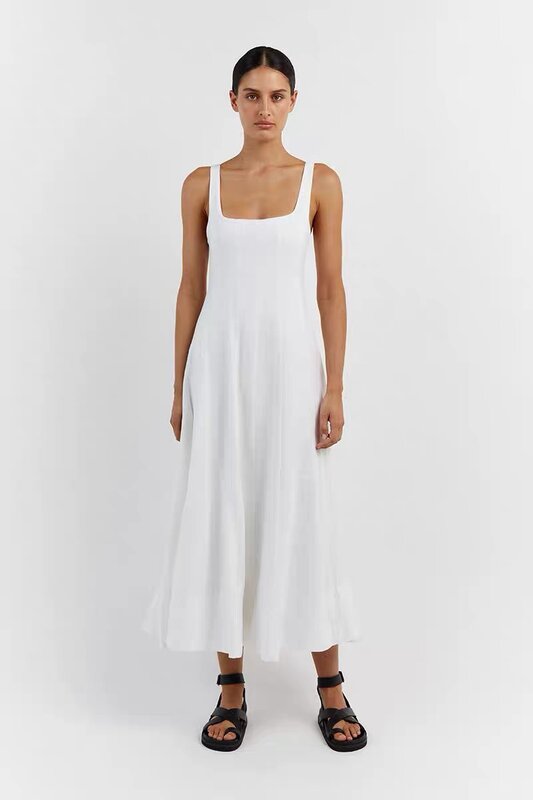 Vestido Midi de lino con cuello cuadrado y cremallera para mujer, 100%