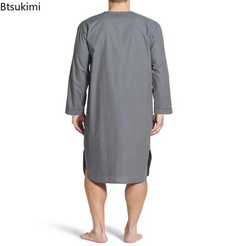 Nuovi uomini Night Robe allentato scollo a v manica lunga camicia da notte in cotone solido Comfort top Casual Homewear uomo musulmano abbigliamento Jubba Thobe
