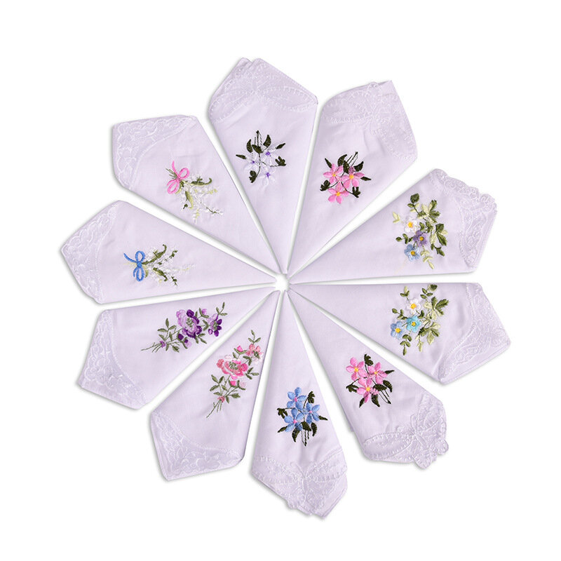 Lenço bordado floral Hanky de algodão para mulheres, tecidos femininos, renda, flor, cor aleatória, luxo, 3pcs