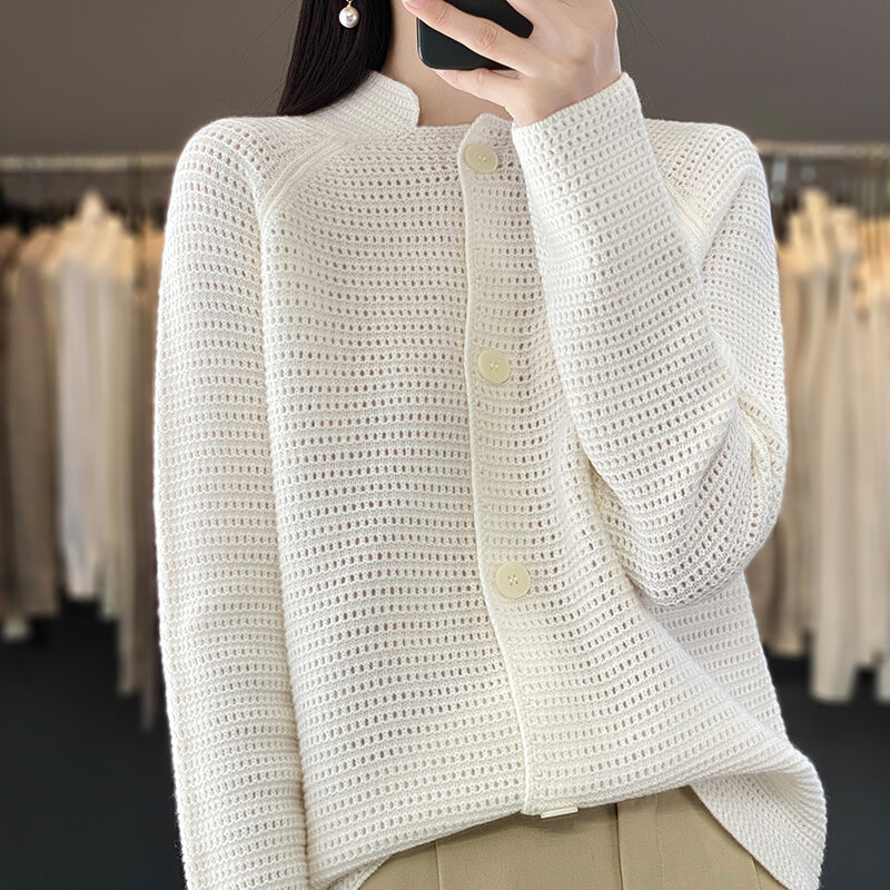 Cardigã de gola alta para senhoras, suéter fino oco, cardigã solto, parte superior de malha 100% lã, nova moda, outono e inverno