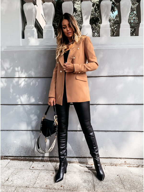 Women's New Sexy Fashion Holiday Style Leisure Commuting Versatile British Solid Color Long Sleeved Double Breasted Suit Coat