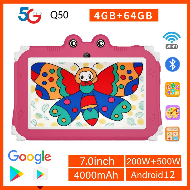 Tableta pc de 7,0 pulgadas para niños, dispositivo con sistema operativo Android 12, 4GB de RAM, 64GB de ROM, batería de 4000mAh, software integrado, WIFI 5G, nueva edición