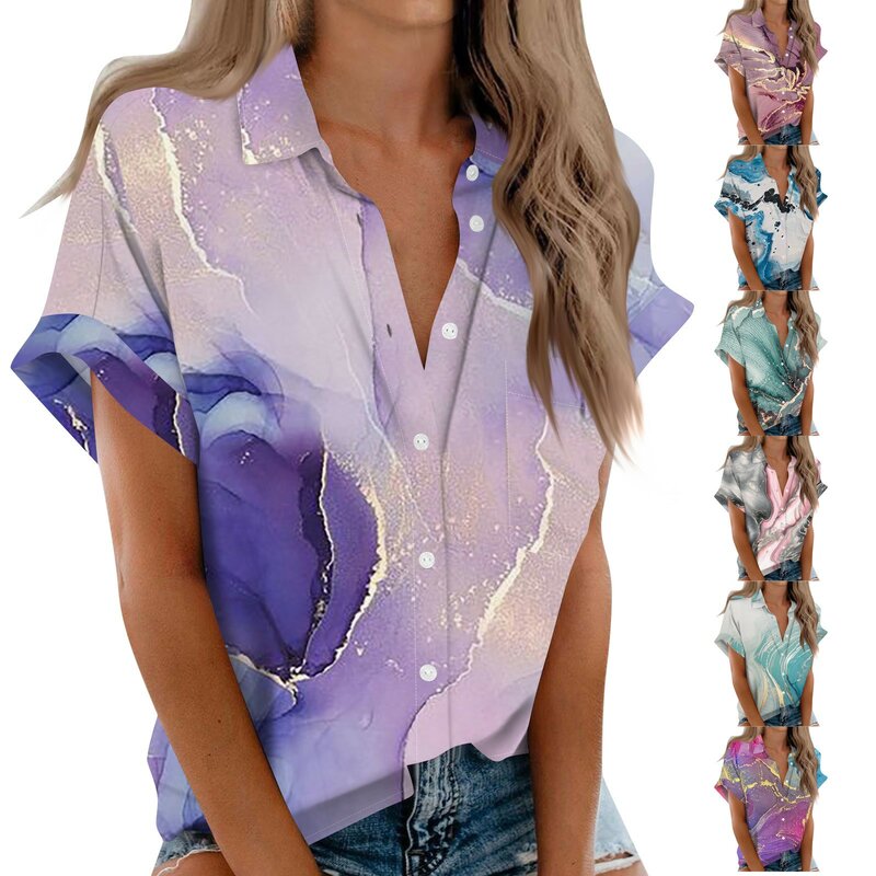 Блузка женская с коротким рукавом, модная Повседневная рубашка с лацканами, на пуговицах, с мраморным принтом, весна-лето