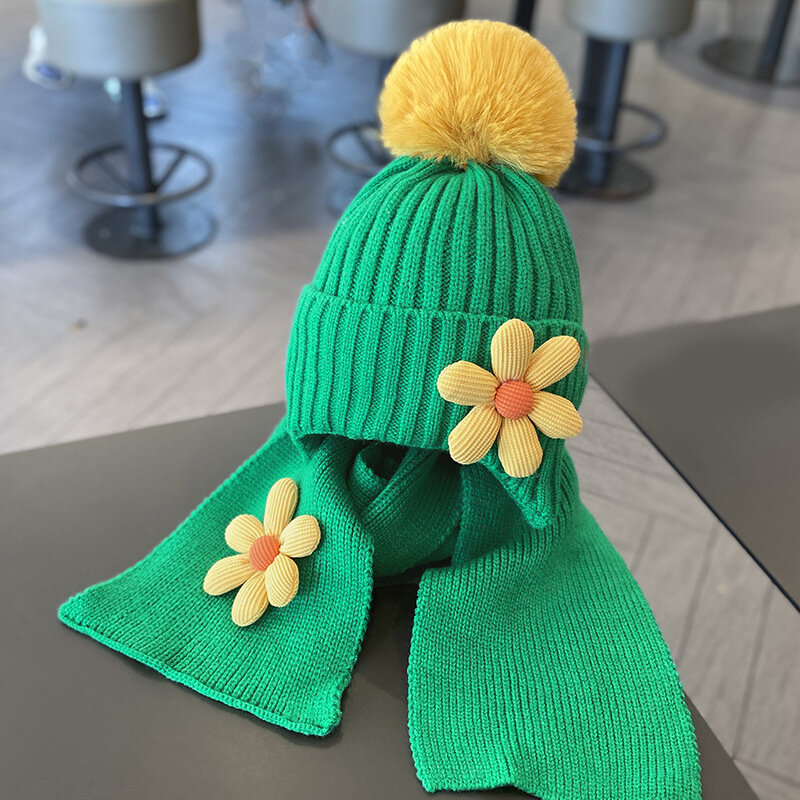 Doitbest Beanie Hangat Anak Perempuan Anak Laki-laki Musim Dingin 2022 Topi Syal Anak Set Rambut Bulu Bunga Topi Syal Solid Rajut Bayi Anak-anak