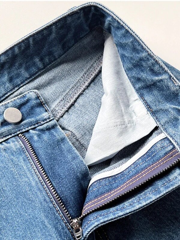 Damska długa spodnie dżinsowe zapinana na zamek błyskawiczny z wysokim stanem luźny krój 2024 nowa, dopasowana dżinsy z szeroką nogawką z kieszeniami