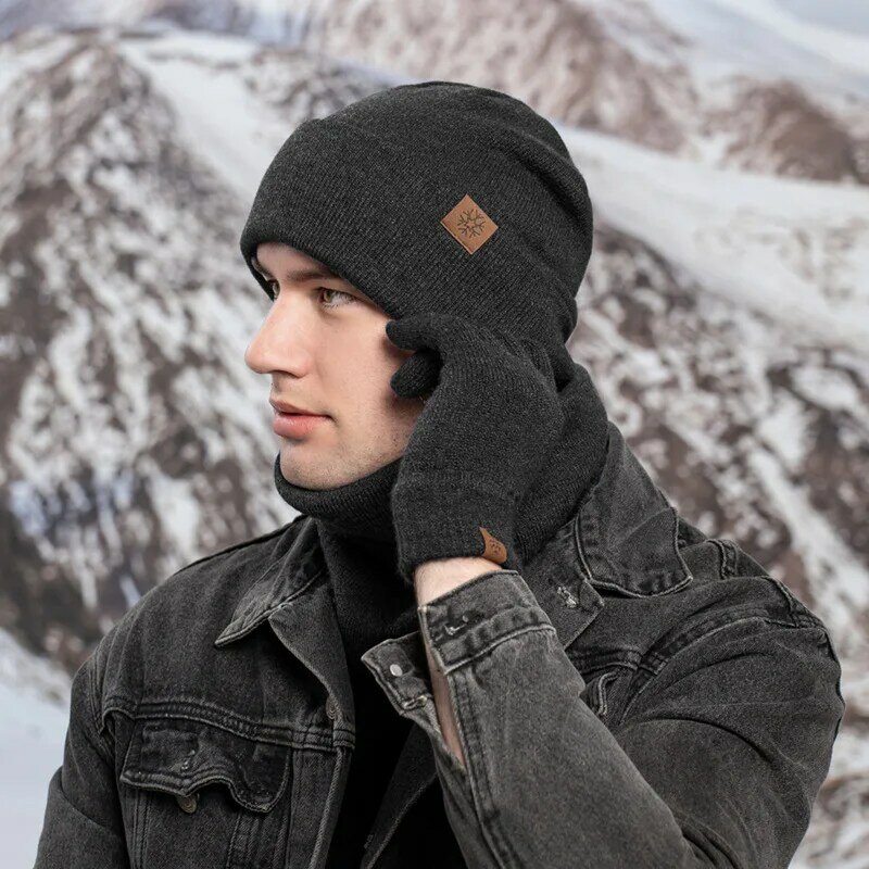 Winter Adult women's Hat Bib Gloves three-piece Knit Brushed Touch Screen Gloves Outdoor Warm Suit Fashion Men