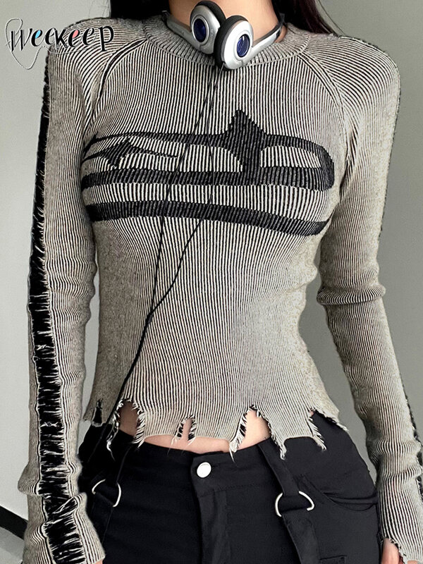 Женский винтажный свитер с длинным рукавом Weekeep, Повседневный пуловер в стиле Харадзюку с принтом в стиле пэчворк, Осень-зима