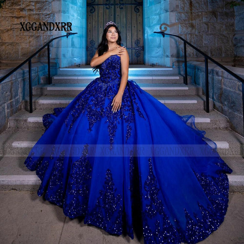 Blue Ball Gown Quinceanera Dress 2024 Long Train Ruffle Princess Tulle Vestidos De 15 Años Birthday Party Sweet 16 Dress 2023