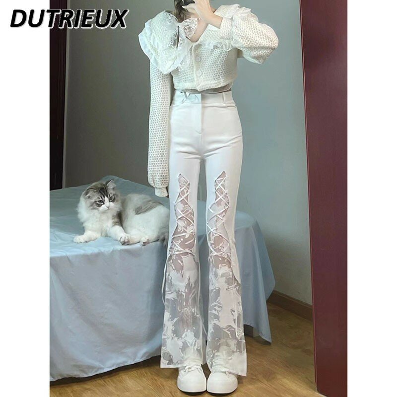 High Waist Hot Girl Fashionable Sweet Pants Women's Summer 2024 New Lace Stitching Irregular Slightly Flared Casual Trousers