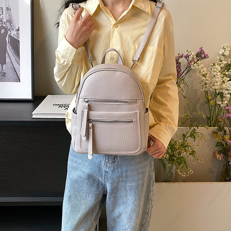 حقيبة ظهر جلدية للنساء ، حقيبة ظهر للسفر ، حقيبة مدرسية لطيفة ، صغيرة ، أحادية اللون ، أزياء كورية ، تصميم ، Y2K ،
