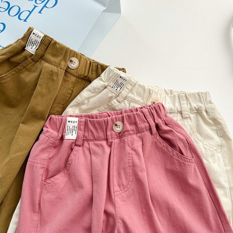 Летние детские брюки, однотонные легкие хлопковые брюки для мальчиков и девочек, универсальные повседневные укороченные брюки, 2024