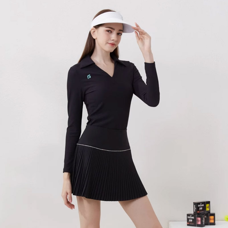 Golfowa damska spódnica golfowa typu A-line z kokardkami i plisowanymi spodenkami damska wąska koszulka z dekoltem w szpic bluzki golfowe z długim rękawem