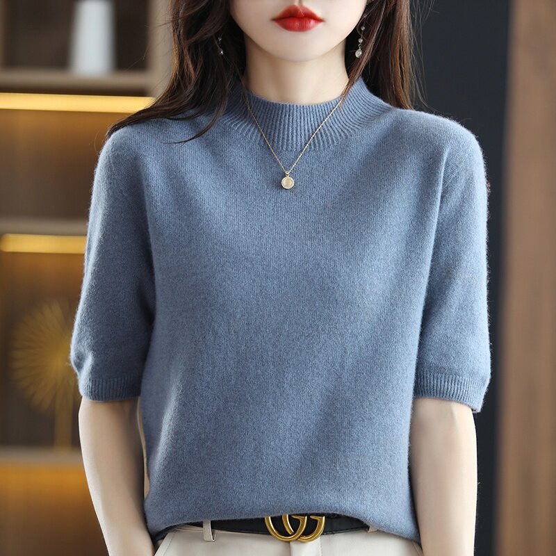 Pull tricoté en cachemire sans couture pour femme, à manches courtes, 100% Pure laine, mode coréenne, vêtement d'extérieur, printemps 2022