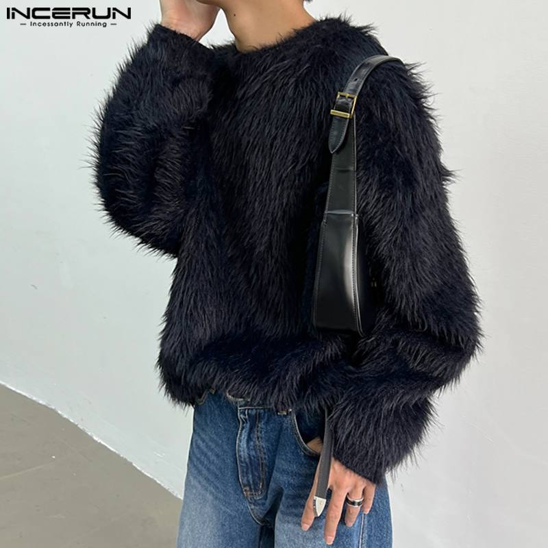 INCERUN-Camisola solta estilo simples masculina, imitação de tecido luxuoso, pulôver monocromático, tops de manga comprida, streetwear masculino, casual, novo, S-5XL