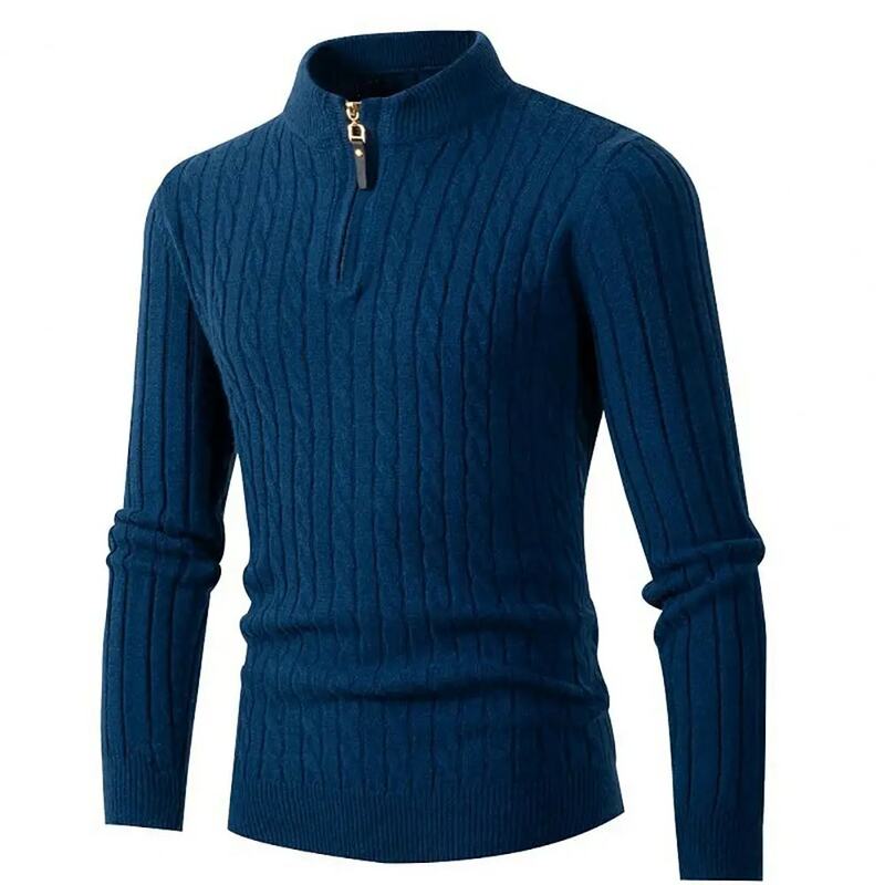 Men Autumn Sweater Thick Zipper Half-high Collar Twist Pattern Solid Color Warm Slim Fit Casual Winter Sweater for Daily Wear