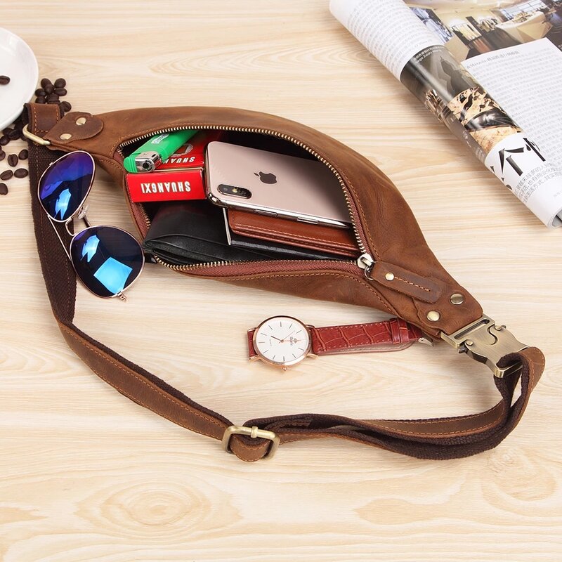 Genuine Crazy Horse Leather Waist Packs For Men mini Travel Fanny Pack Belt bag Male Small Waist Bag For Phone Pouch