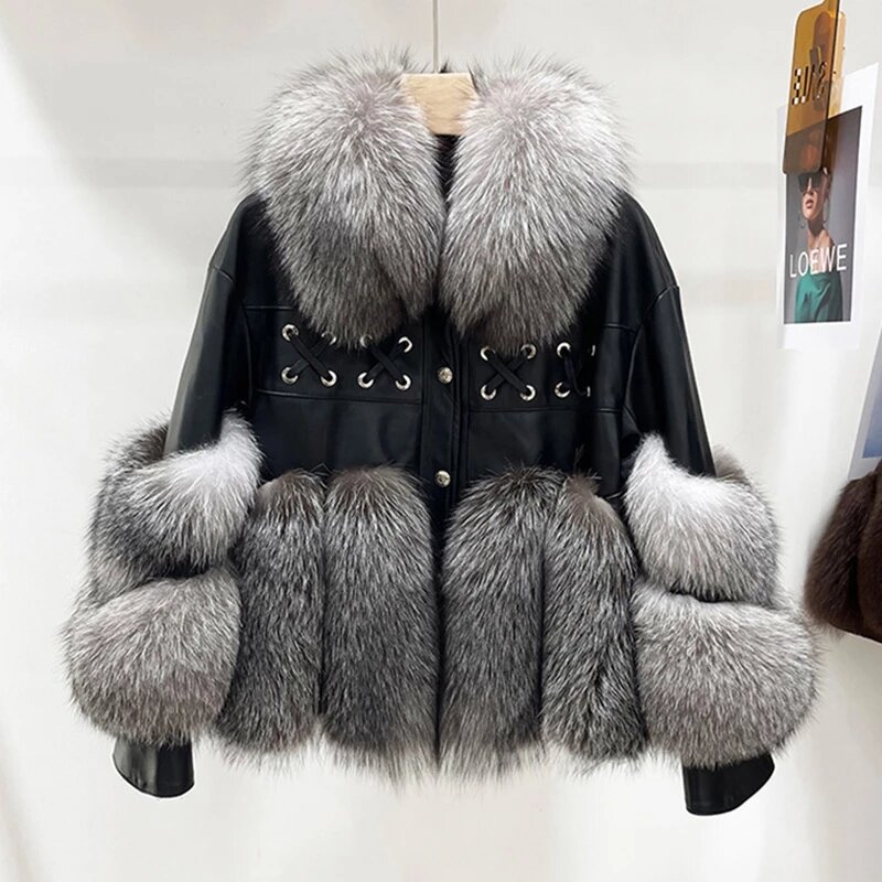 2022 Nieuwe Luxe Dame Lederen Jassen Winter Real Fox Fur Coats Warm Fashion Echt Schapenvacht Winddicht Overjassen FL3757