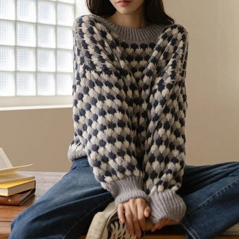 Suéteres de manga larga a cuadros para mujer, ropa de calle cómoda, holgada, elegante, con cuello redondo, estilo coreano