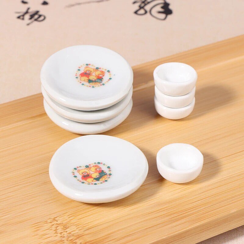 4Pcs Dollhouse Miniature Accessories Mini Dessert Ceramic Plate Simulation Furniture Kitchen Dish Toys for Doll House Decor