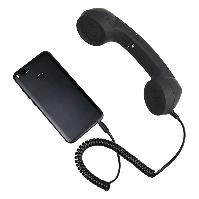 สายโทรศัพท์แบบย้อนยุคโบราณเครื่องตอบรับโทรศัพท์ไมโครโฟนสำหรับสมาร์ทโฟนช่องเสียบ3.5มม. (สีดำ)