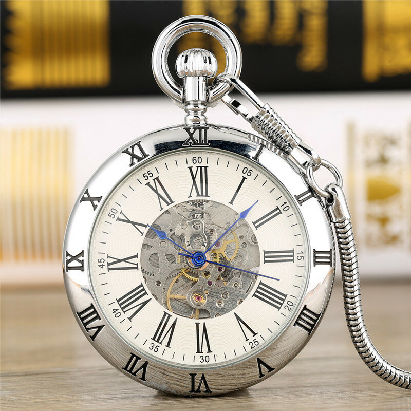 Reloj de bolsillo mecánico automático para hombre y mujer, pulsera con números romanos dorados y plateados, esfera abierta, cadena colgante, esqueleto, regalo